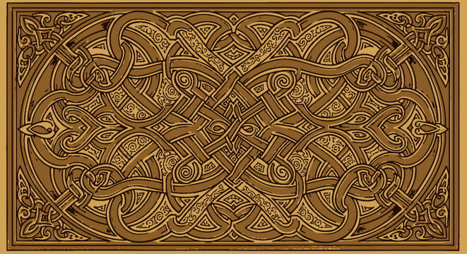 Intricate Celtic knot pattern in earthy brown tones, an ornamental abstract design.