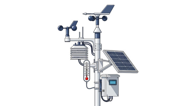 Illustration of a weather station with solar panel for meteorological data collection.