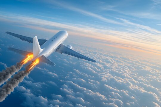 An aerial view of a white jet airplane in flight, set against a vibrant blue sky. the airplane is experiencing an engine fire on its left wing