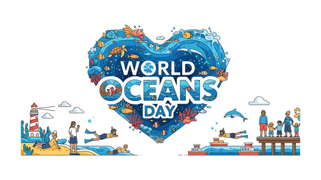 World Oceans Day Celebration: A vibrant illustration depicting marine life and human activities celebrating World Oceans Day, emphasizing conservation and the beauty of the underwater world.