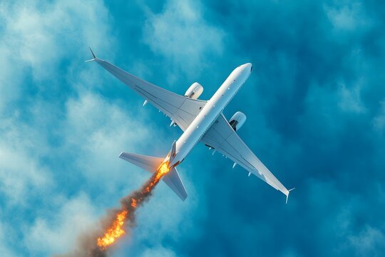 An aerial view of a white jet airplane in flight, set against a vibrant blue sky. the airplane is experiencing an engine fire on its left wing