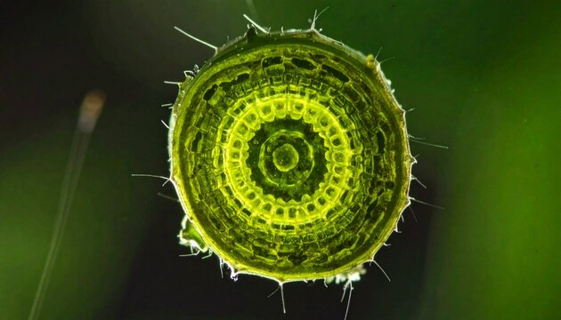 Close-up macro of hornwort chloroplast cross-section in vibrant green spiral pattern