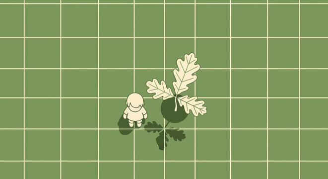 Minimalist top-down illustration of a small figure next to a young oak plant on a green grid, representing nature, growth, care, and environmental awareness.