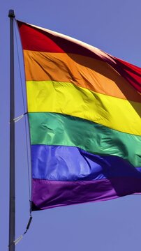Slow motion gay pride flag blowing in the wind. Vertical Video.