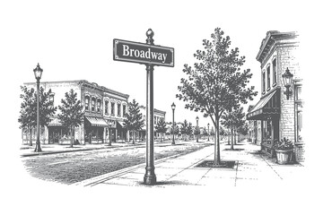 Vintage hand drawn line art vector illustration of a classic main street city landscape featuring a prominent broadway directional road sign design © Chairul