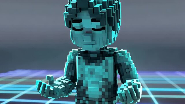 Digital Human Avatar in Meditative Pose on Abstract Futuristic Grid