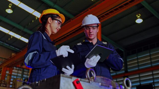Factory worker and industrial engineer wearing hard hat safety glasses review tablet and clipboard during machinery inspection factory workshop, focused teamwork quality control and safety procedures