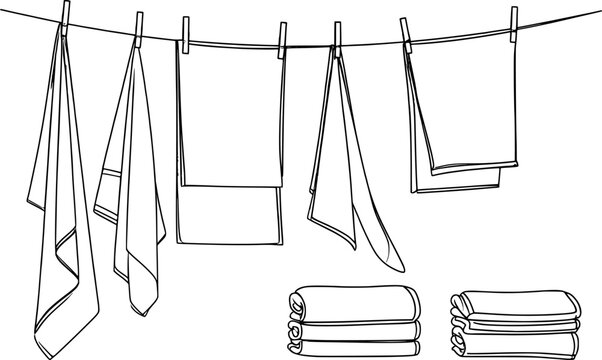 Minimalist line icons: hanging paper, cloth napkin, towels and folded towel
