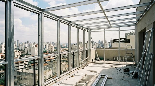 Hardcore home renovation with exposed structural framework and city view