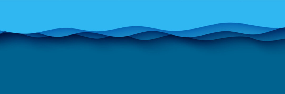 Cut out horizontal deep ocean floor waves rift. Blue layered smooth shadow papercut art. 3d abstract bg vector origami environment. Wavy border top view paper cut style