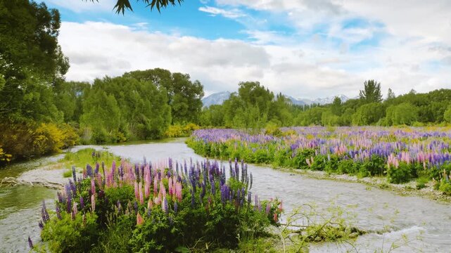 Colorful Lupins line the edges of a river in New Zealand.