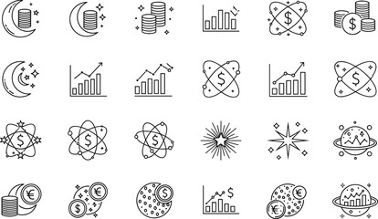Space Finance Line Icon Set With Planets, Coins, Charts, Investment Growth, and Cosmic Business Symbols © MDSALIM