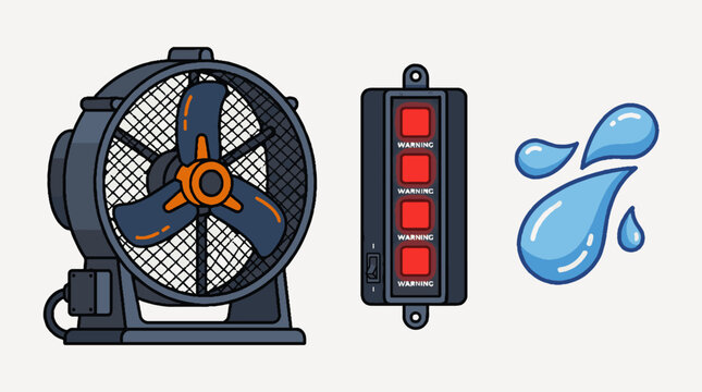 Industrial misting fan cooling system components illustration.