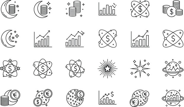 Space Finance Line Icon Set With Planets, Coins, Charts, Investment Growth, and Cosmic Business Symbols