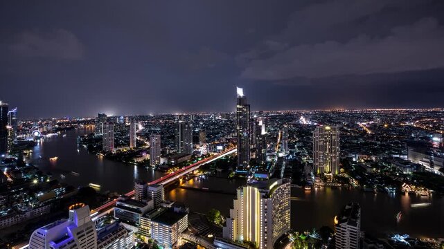 Time lapse of a large thunder storm in Bangkok Thailand at night. Lightning can be seen hitting all around Bangkok.