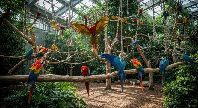 Flock of colorful macaws perched and flying in an aviary.