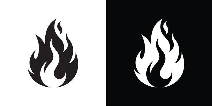 Minimalist fire flame vector icon set. Black and white campfire silhouettes isolated on contrasting backgrounds.