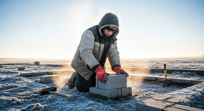 Construction worker building brick wall in cold weather