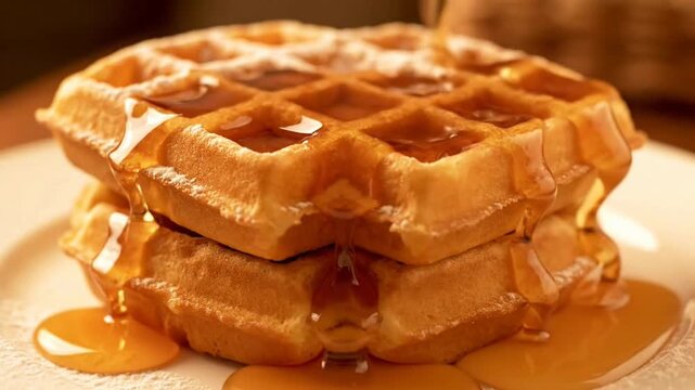 Golden Waffle Stacking and Drizzling Syrup on White Plate in Warm Morning Light