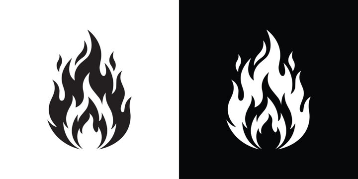 Minimalist fire flame vector icon set. Black and white campfire silhouettes isolated on contrasting backgrounds.