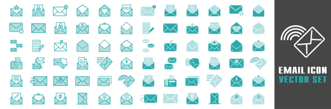 Email icon set with various mail and envelope designs. Different message and notification symbols.