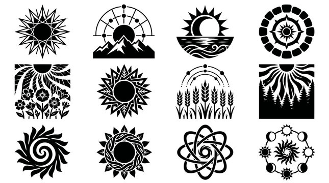 Summer Solstice Icon Collection Black Silhouette Sun Nature Festival Symbols 4K Vector