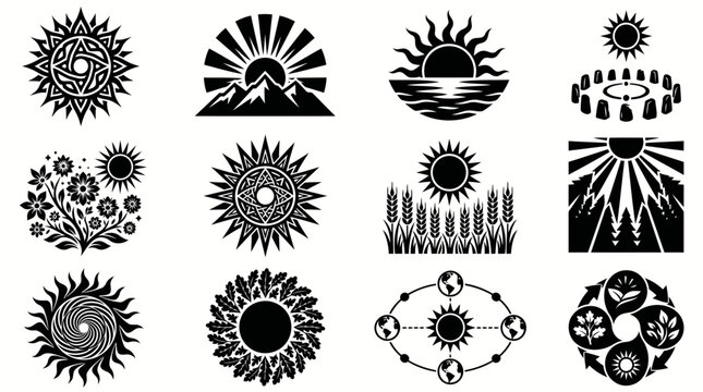 Minimal Black Summer Solstice Silhouette Set Sun Nature Spiritual Symbols Vector Pack