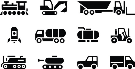 Industrial transport and construction vehicle icon set with excavator tanker truck forklift train and military transport silhouettes © SREEMOTISHAMOLI