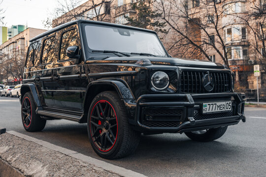 Almaty, Kazakhstan - March 29, 2026: A black Mercedes G63 AMG on the side of a city street
