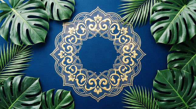 Luxury deep navy blue gold background combining many tropical leaves surrounding and soft islamic geometric pattern for sharia banking report cover 