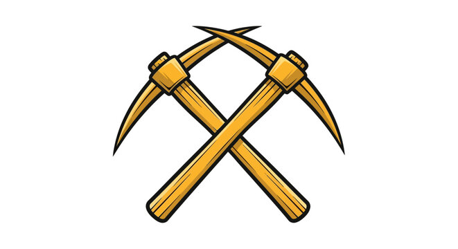 Crossed gold mining pickaxes tools.