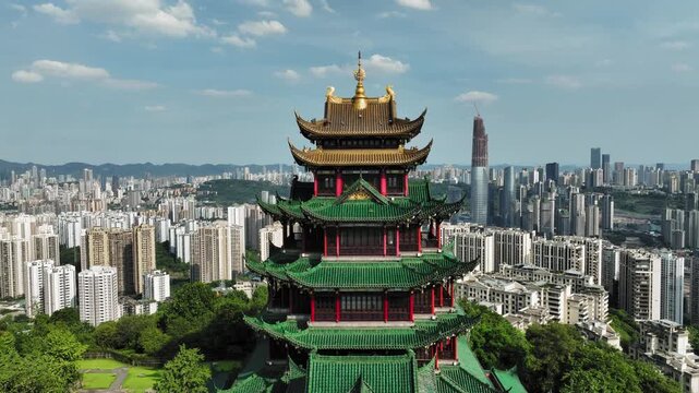 Hong'en Temple pagoda above Chongqing city skyline in Hong en Temple Forest Park, Chongqing, China