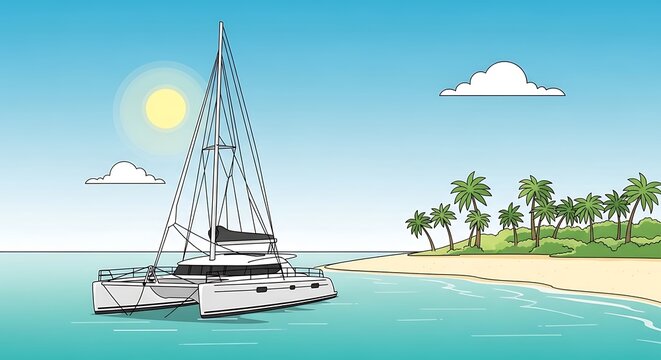 Catamaran sailing by island.