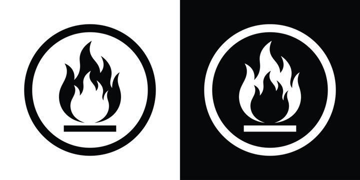 Circular flammable fire hazard icon. Round black and white safety warning symbol for product packaging and labels.