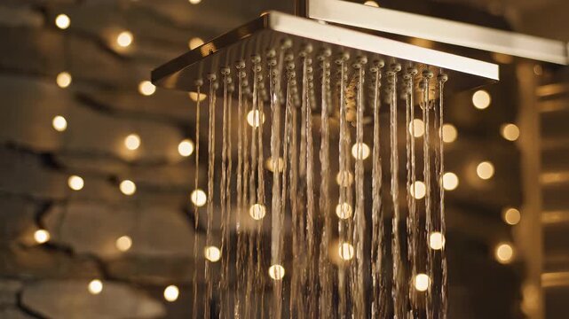 Shower water falling from a modern square head in warm light