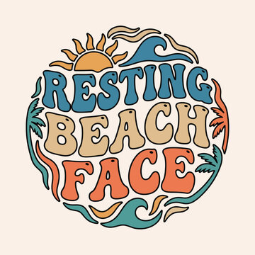 Retro "resting beach face" text with sun waves palm trees vector illustration palm tree hand drawn t shirt design typography illustration lettering vacation relaxation decoration
