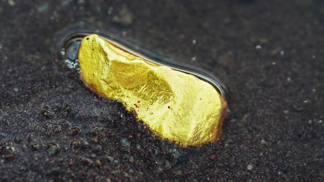Golden mineral piece in shallow water surrounded by rocks symbolizing treasure mining and natural resource value