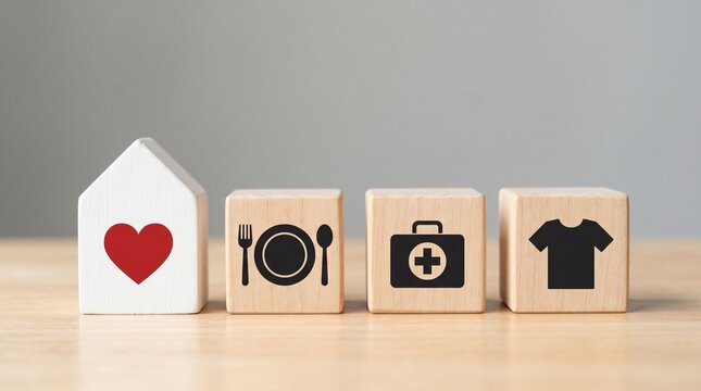 Minimalist wooden blocks with basic needs icons, house with heart and symbols for food, medicine and clothing, concept of charity and donation