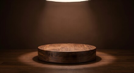 Warm Circular Dark Wood Podium in Moody Studio with Soft Overhead Spotlight Focus