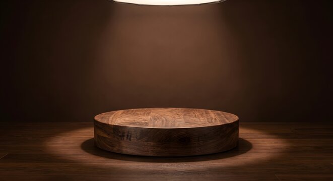 Warm Circular Dark Wood Podium in Moody Studio with Soft Overhead Spotlight Focus