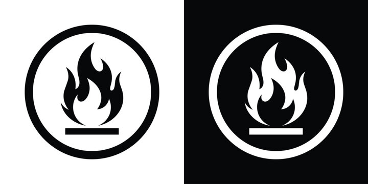 Circular flammable fire hazard icon. Round black and white safety warning symbol for product packaging and labels.