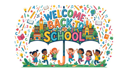 Obraz premium Welcome Back to School! Colorful illustration depicts happy diverse children jumping under an umbrella with a cityscape and school supplies symbolizing the start of a new academic journey.