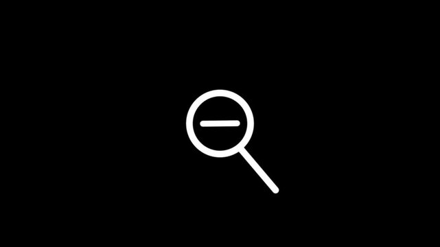 Magnifying glass zoom out icon white color animation on black background.