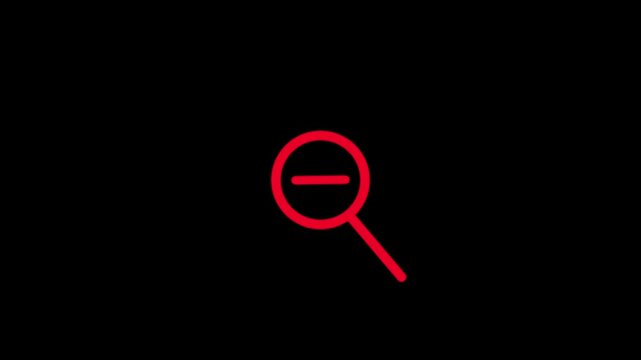 Magnifying glass zoom out icon red color animation on black background.