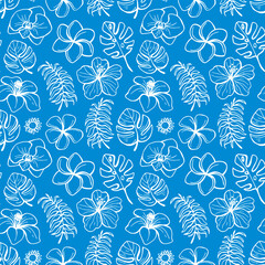Fototapeta premium Modern seamless pattern with hand drawn exotic tropical vector flowers in blue color. Vintage charming blue print for wallpaper, fabric, wrapping paper and textile
