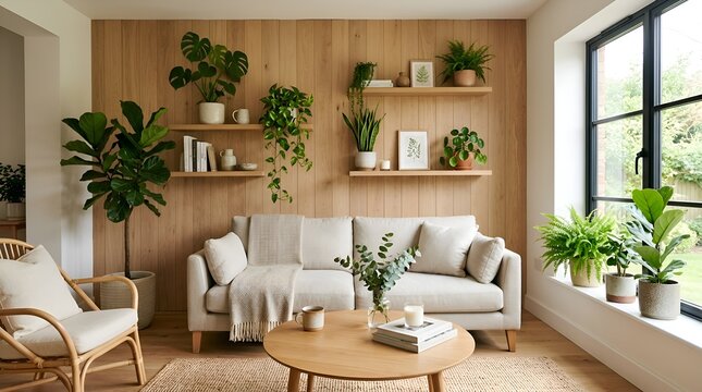 Cozy Living Room Interior with Plants, Sofa, and Natural Wood