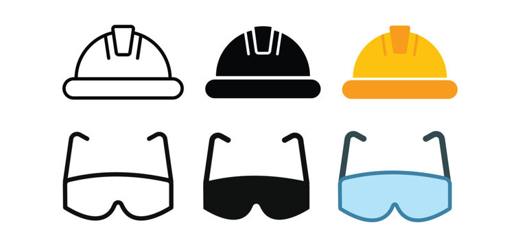 Hard hat with goggles icon. construction helmet and Safety glasses icons. Personal protective equipment symbol. construction worker gear 
