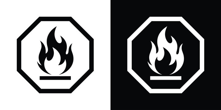 Vector flammable hazard sign icon. Black and white fire symbol inside an octagon, ideal for industrial safety warning labels.