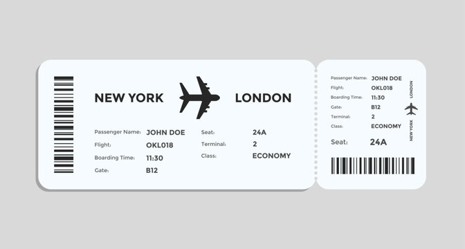 Airplane ticket concept. flight information symbol. Flight travel pass design. Passenger information and destination mark. Realistic airline boarding pass icons
