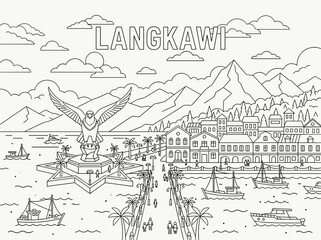 Obraz premium Langkawi Malaysia outline illustration featuring the iconic Eagle Square statue, picturesque town, scenic mountains, palm trees, and boats navigating the tranquil waters